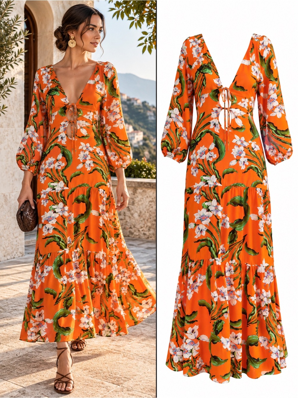 Zara Orange Tropical Floral Cut Out Tie Back Maxi Dress Size Medium Vacation